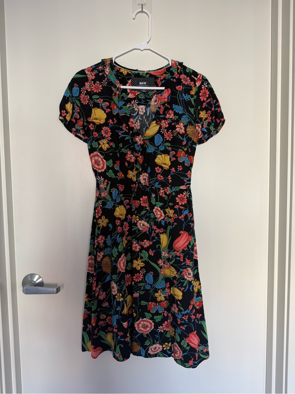 Maeve by Anthropologie Black Floral V-Neck Mini Dress
